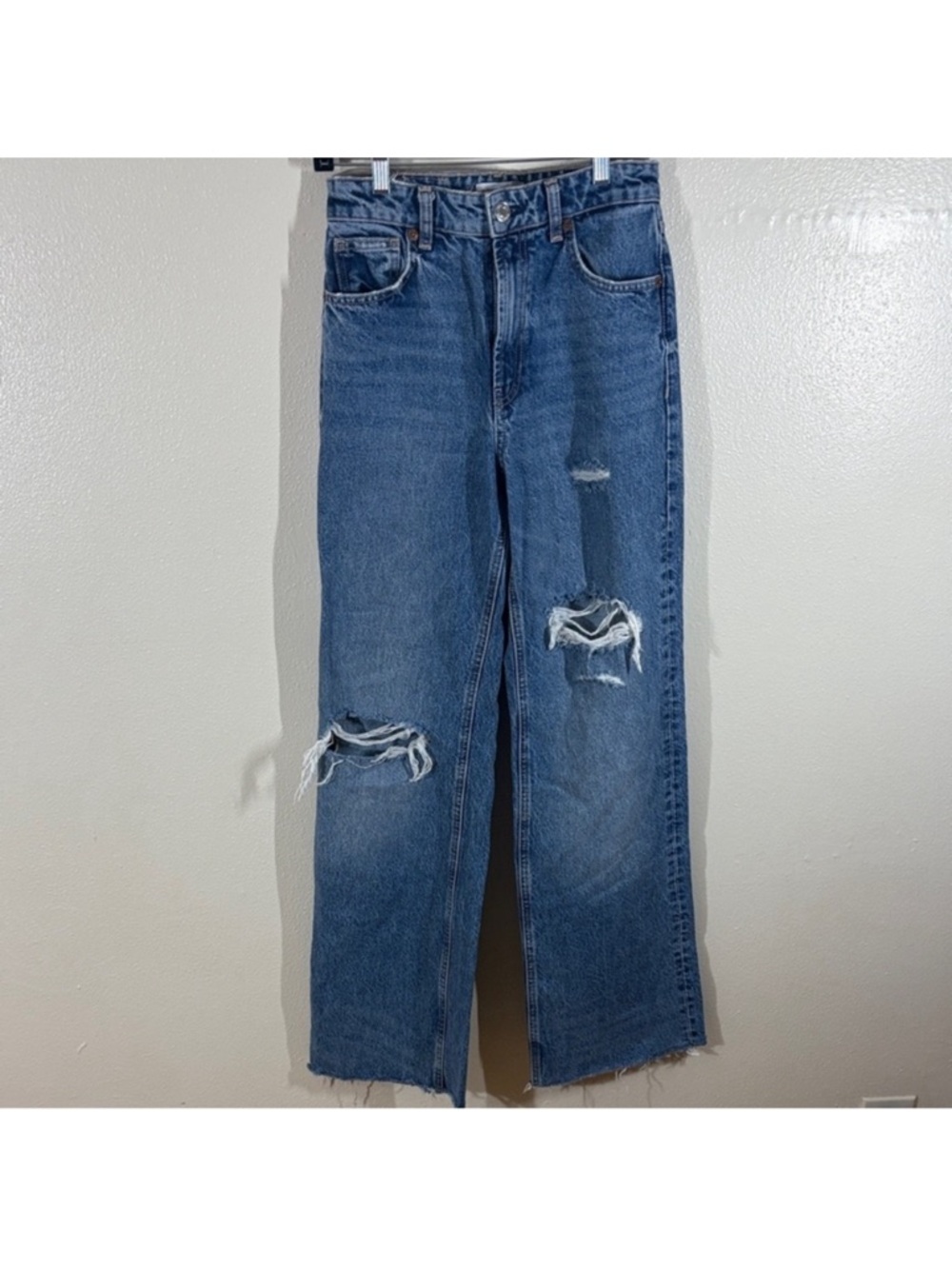 Zara Distressed Straight-Leg Jeans in Medium Blue
